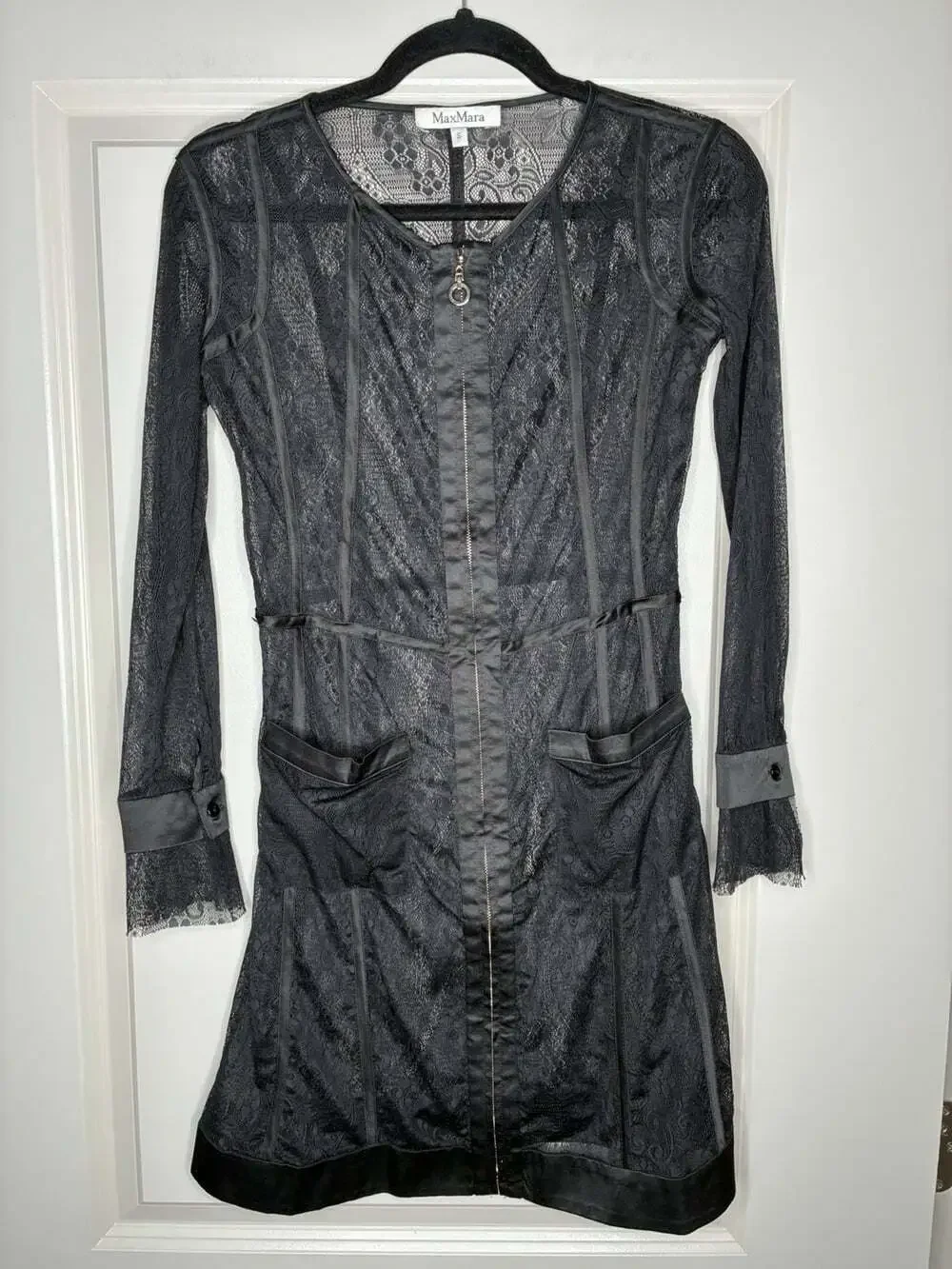 Max Mara Black Sheer Lace Full Zip Long Sleeve Mini Dress Size Small